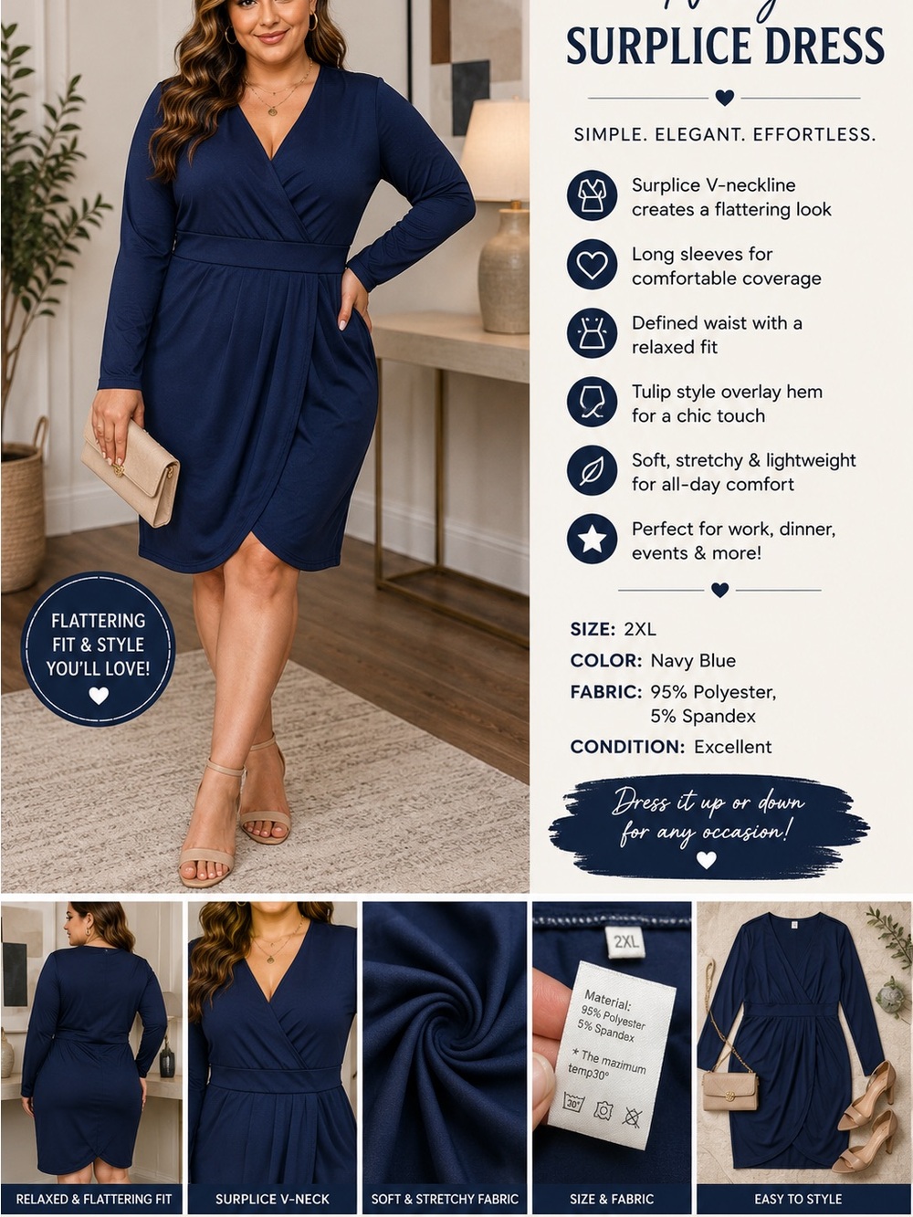 Surplice V-Neck Navy Blue Tulip Dress